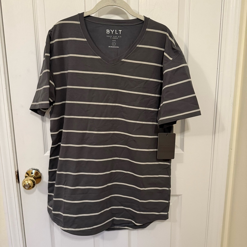 BYLT Basics Charcoal Striped V-Neck Tee, NWT